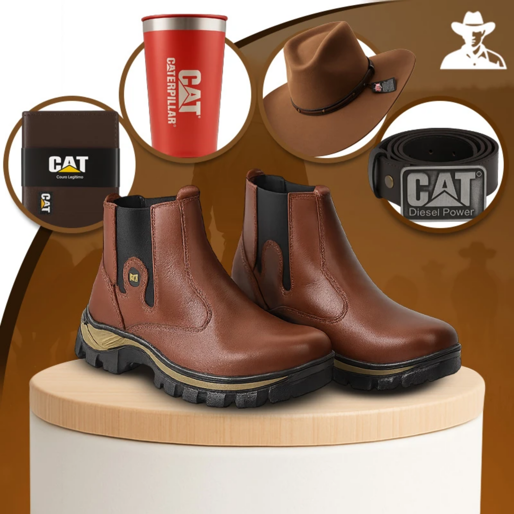 Kit Bota Masculina Barvik em Couro Legítimo e Palmilha Ortopédica 2.0 +4 BRINDES: Chapéu, Cinto, Carteira e Copo
