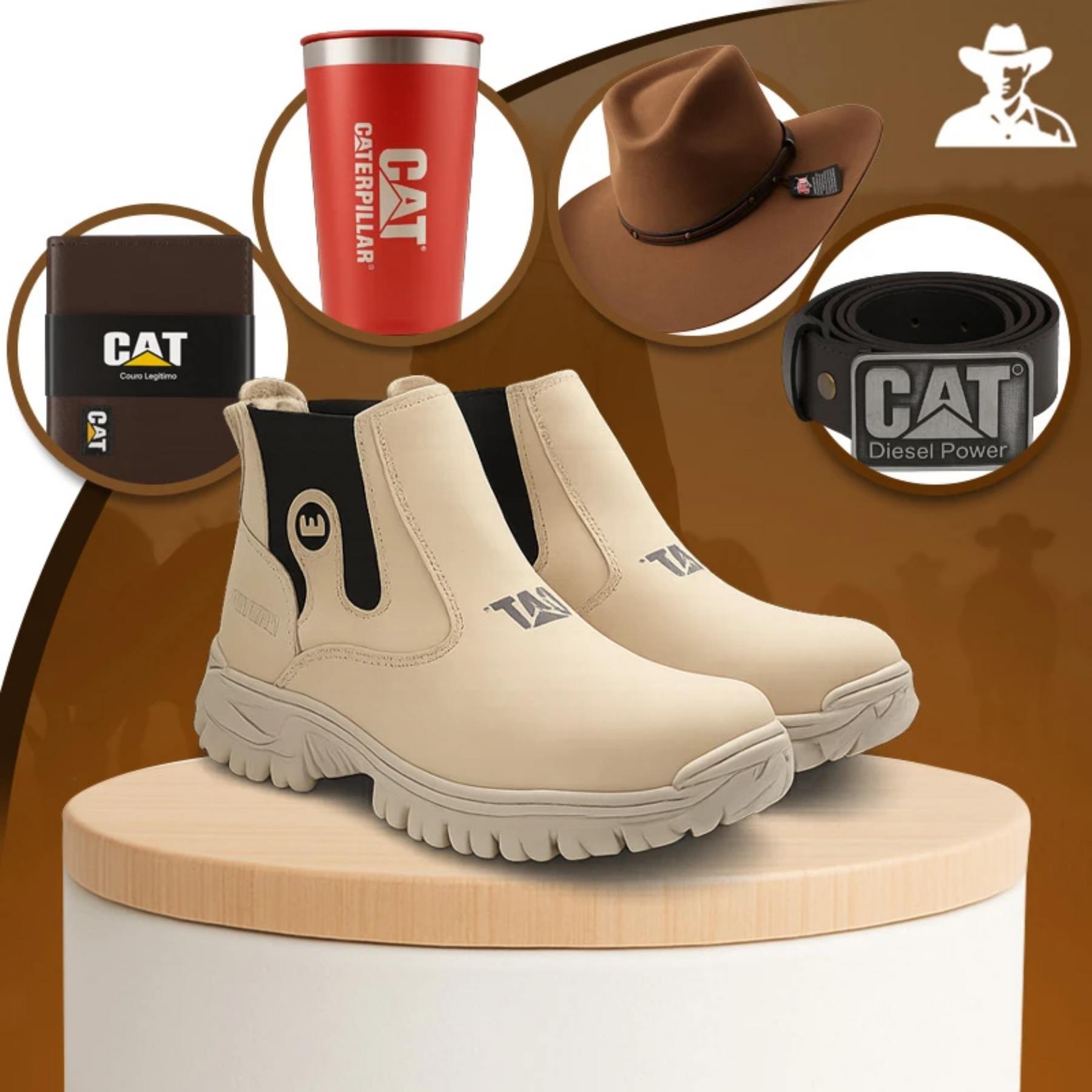 Kit Bota Masculina Barvik em Couro Legítimo e Palmilha Ortopédica 2.0 +4 BRINDES: Chapéu, Cinto, Carteira e Copo