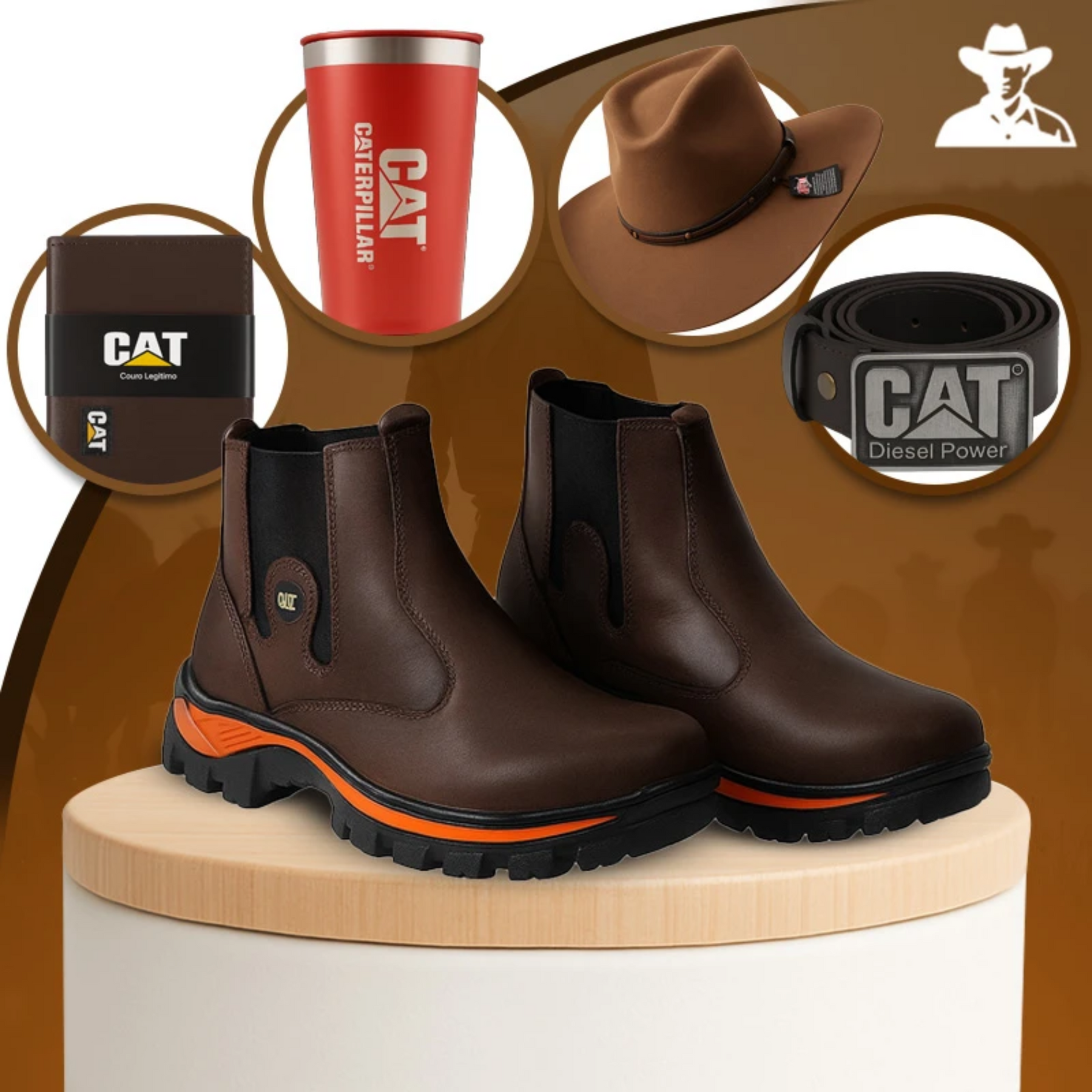 Kit Bota Masculina Barvik em Couro Legítimo e Palmilha Ortopédica 2.0 +4 BRINDES: Chapéu, Cinto, Carteira e Copo