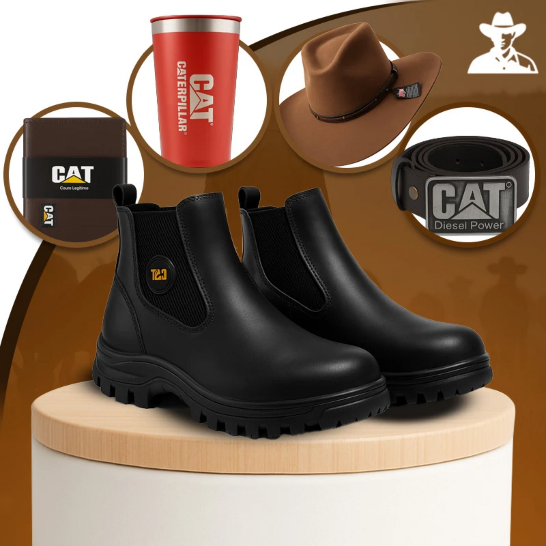 Kit Bota Masculina Barvik em Couro Legítimo e Palmilha Ortopédica 2.0 +4 BRINDES: Chapéu, Cinto, Carteira e Copo